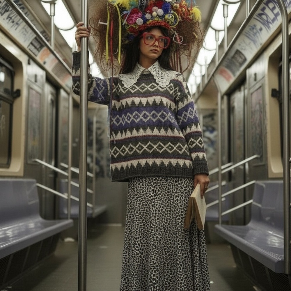 Hand Knit Nordic Multicolor Chunky Sweater Wool Size L Grandpacore VTG 90s EUC - Picture 5 of 6